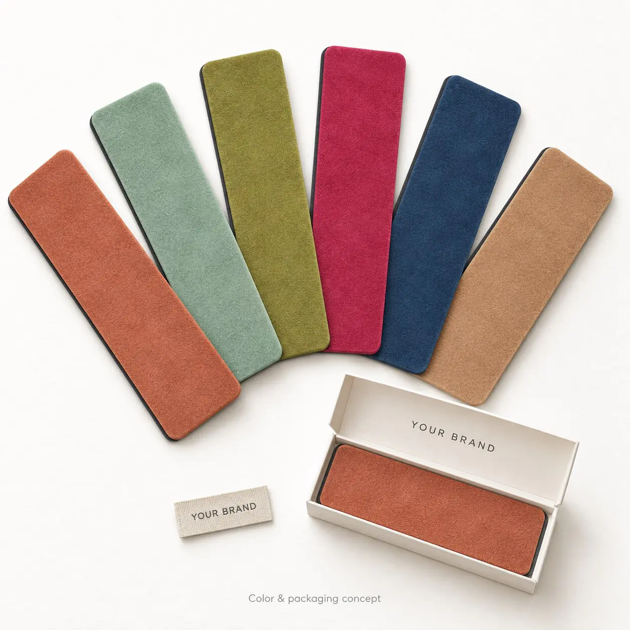 yj-108-03-color-kit.jpg Six rubber-backed microfiber color sample strips in a fan beside a branded sample box