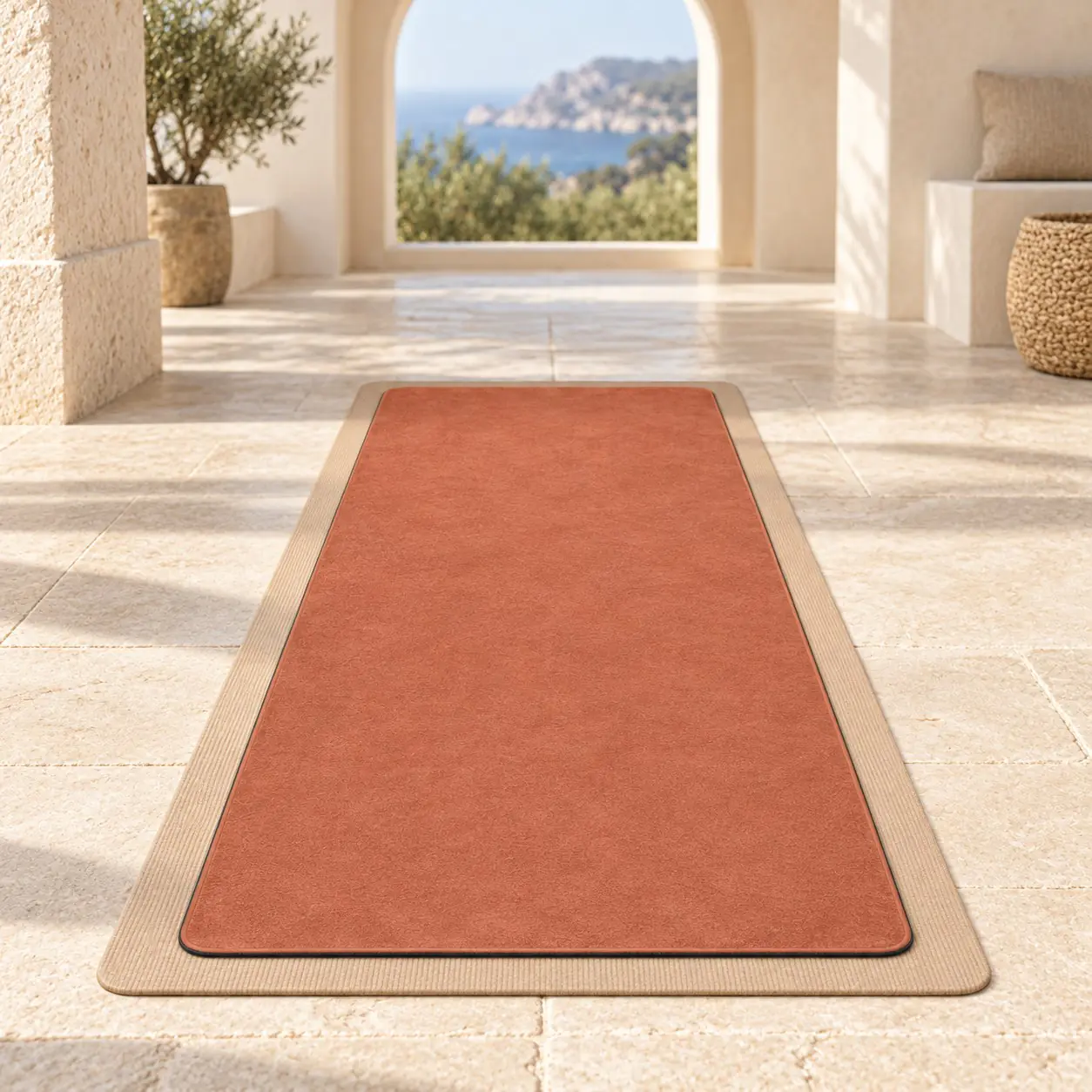 yj-108-04-terrace.jpg Terracotta microfiber yoga towel over a sand-colored yoga mat on a limestone wellness terrace