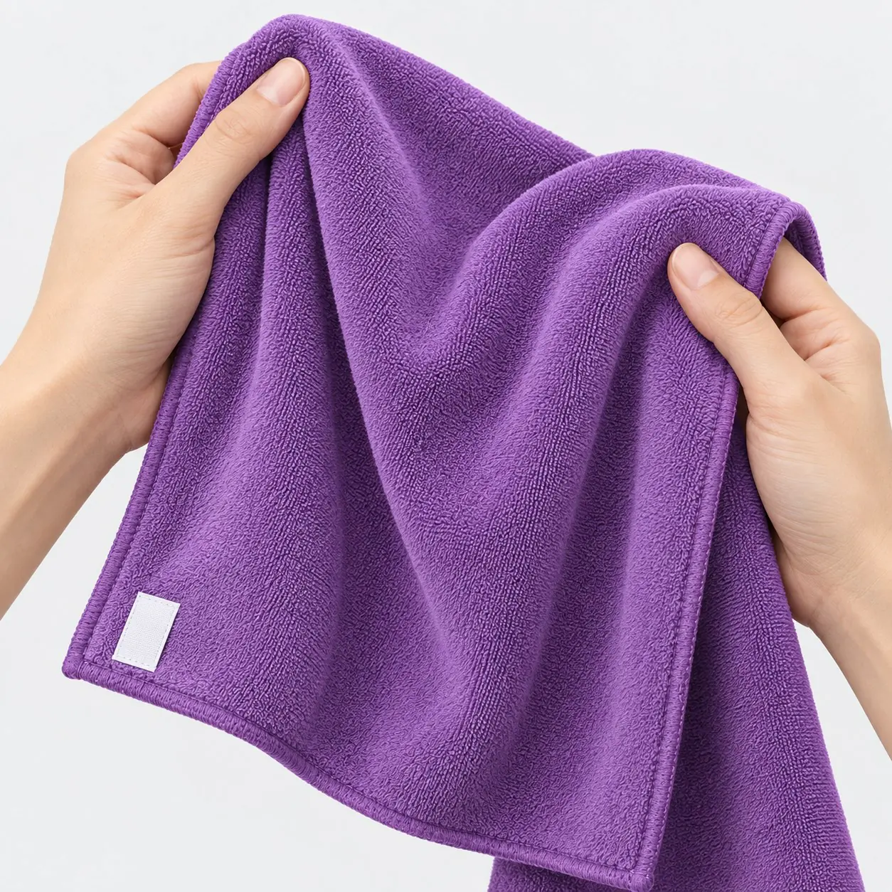 Hands holding purple sports towel fabric to show its drape, stitched edge and woven label