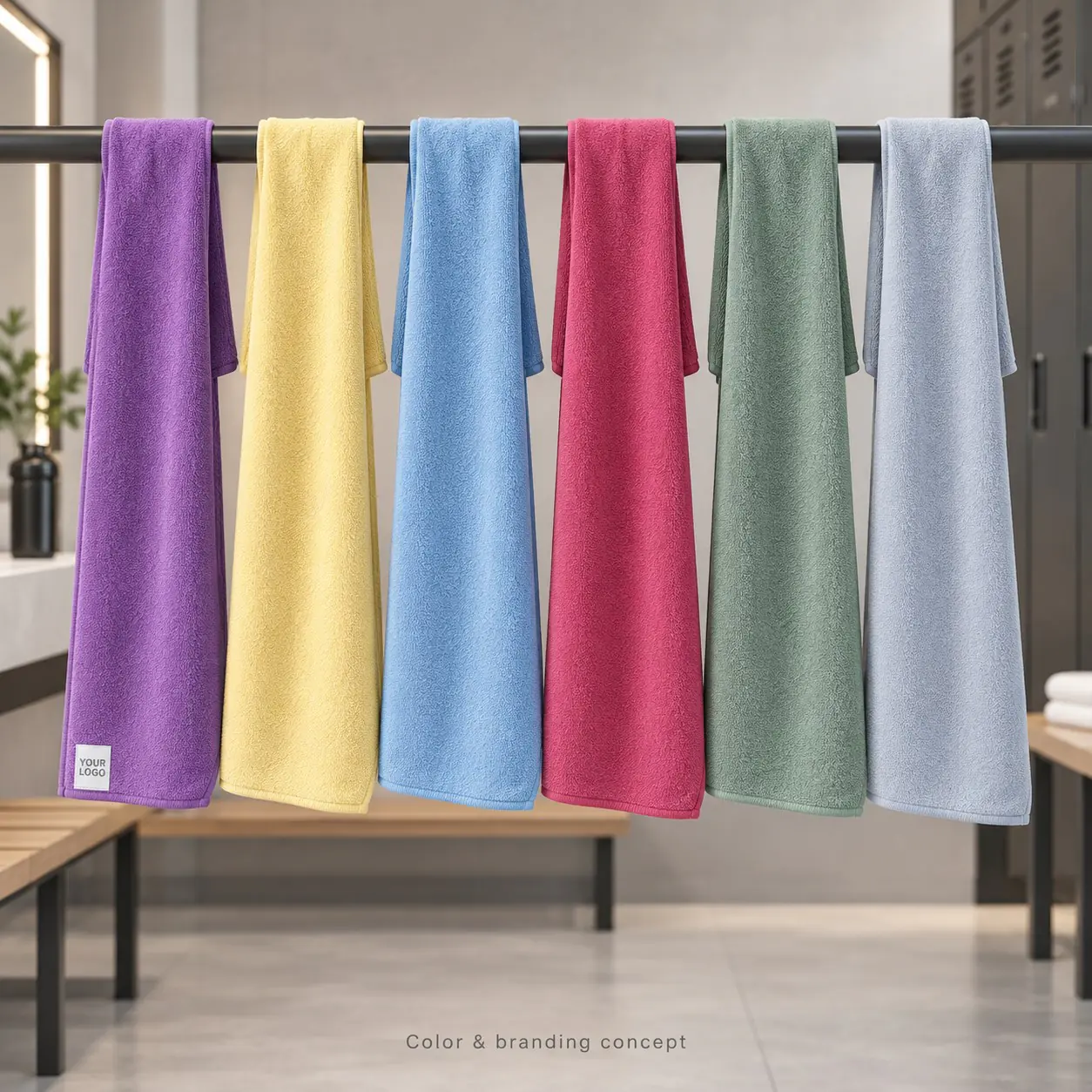 Six sports towel colors hanging on a gym rail with a sample custom logo label