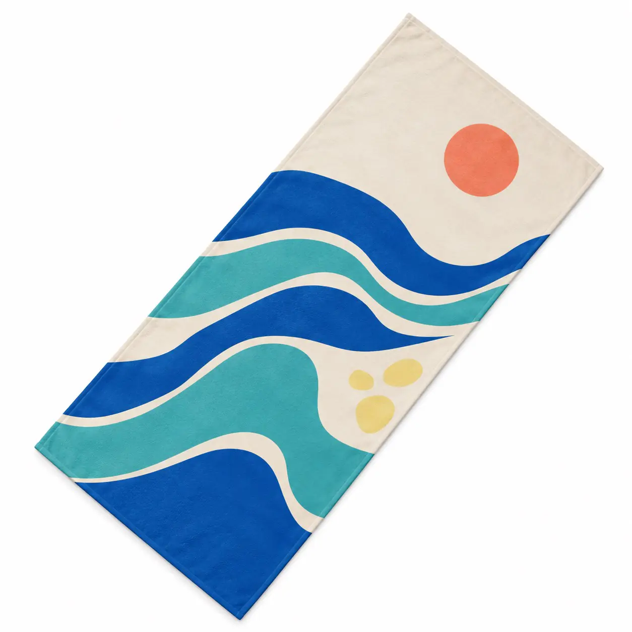 Custom microfiber beach towel with blue and aqua wave print on a white background