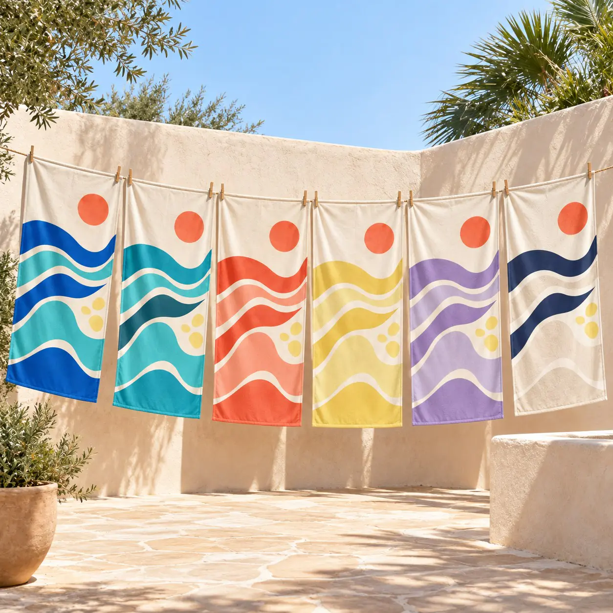 yj-304-03-color-collection.jpg Six coastal print beach towel color concepts hanging in a sunny courtyard