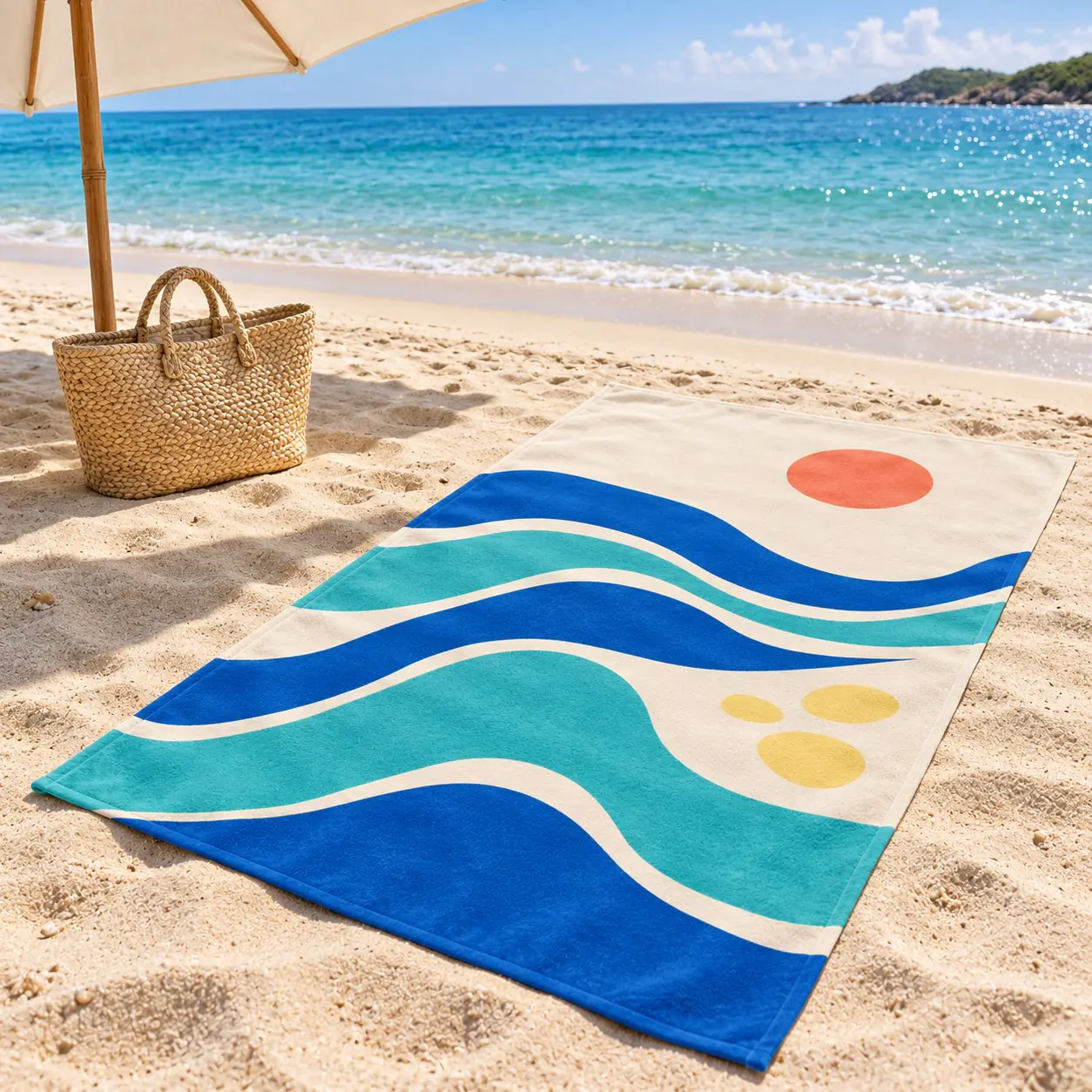 Blue wave print beach towel on sand beside a beach umbrella and woven tote