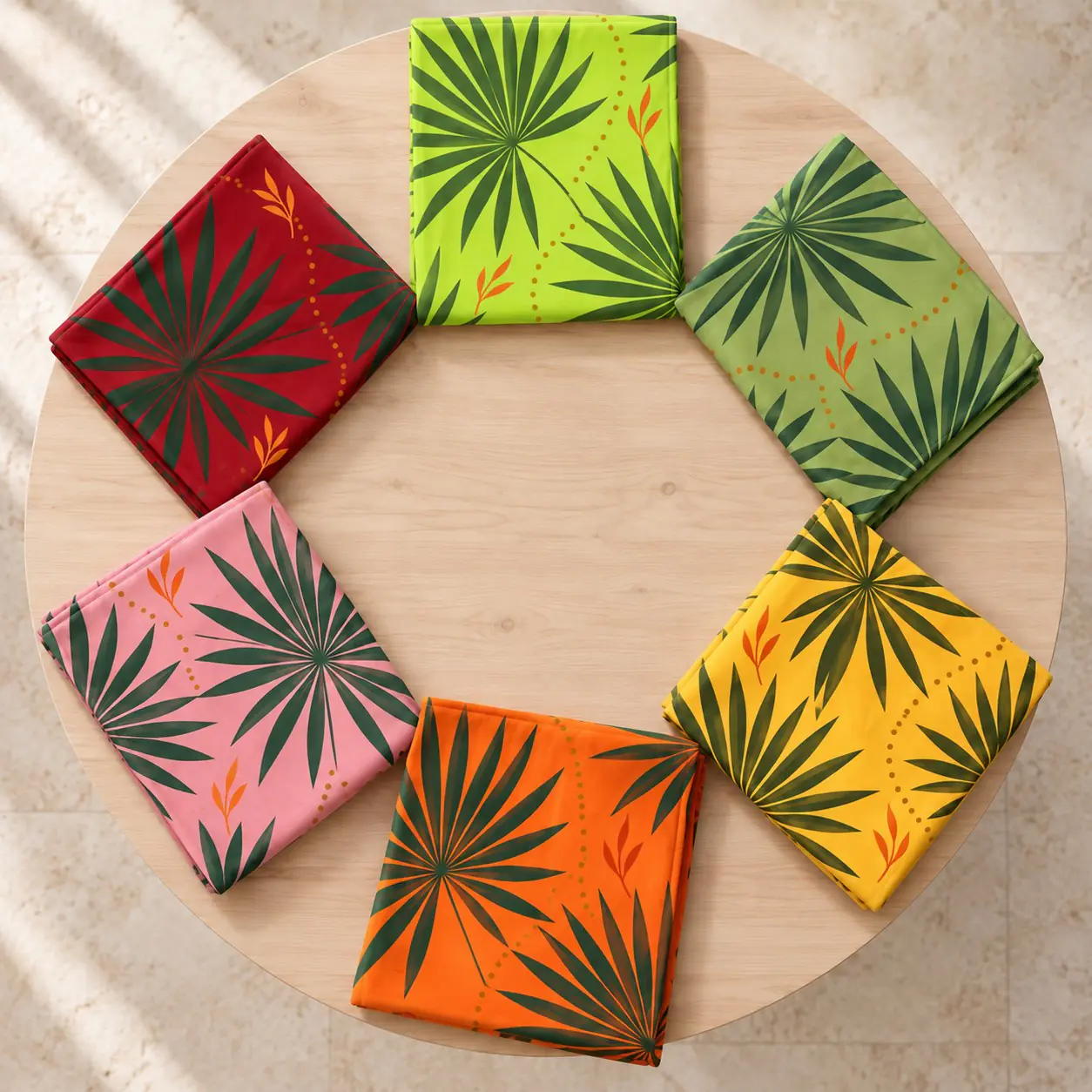 Six folded tropical print beach towel color concepts arranged around a round table