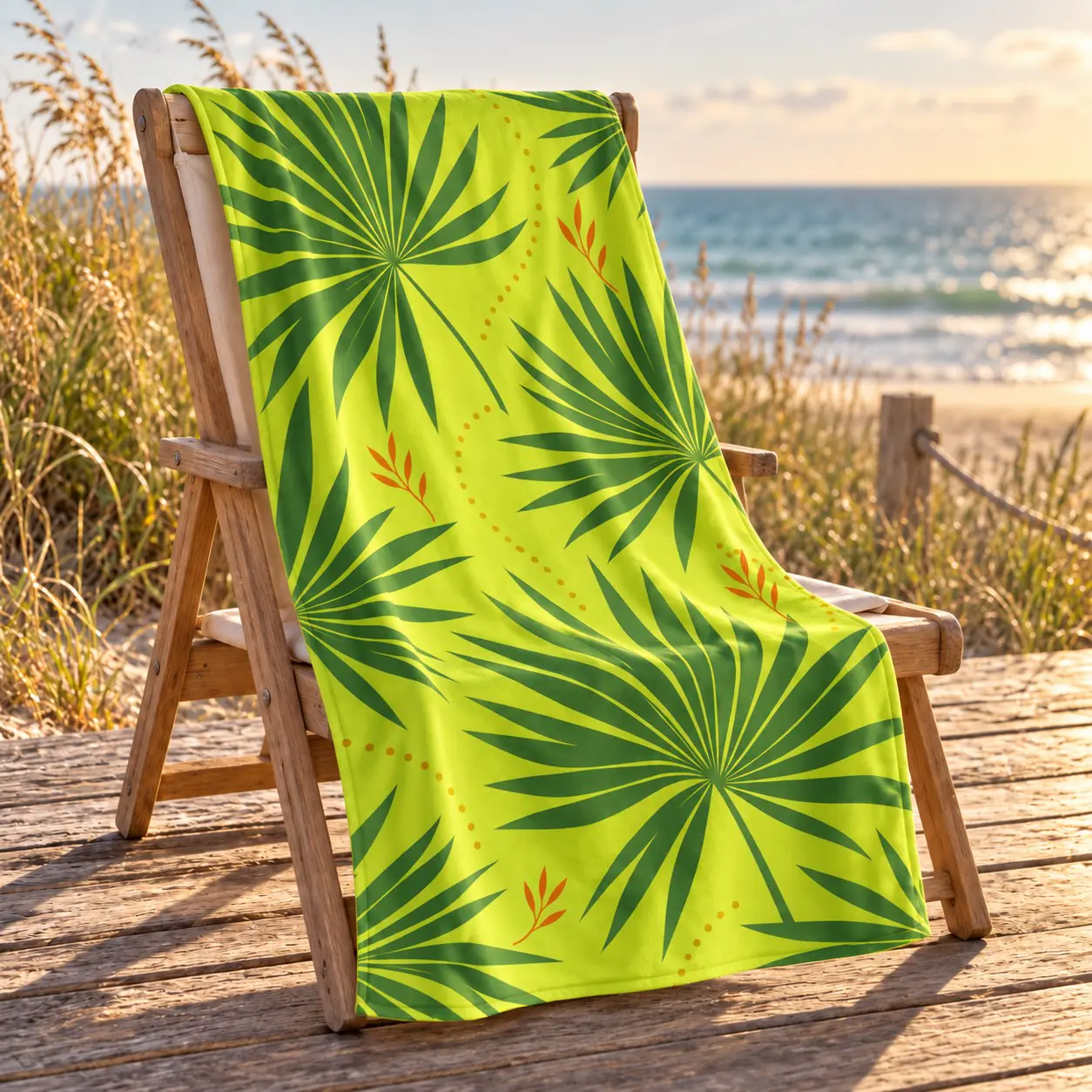 yj-305-04-beach-chair.jpg Lime botanical print beach towel draped over a wooden chair on a seaside boardwalk