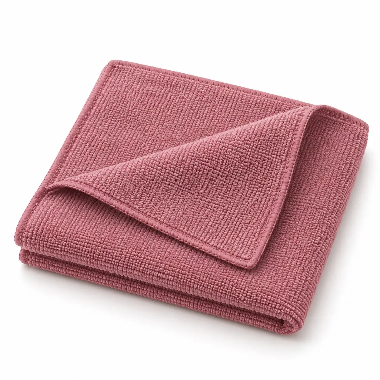 Dusty rose microfiber cleaning cloth folded on a white background