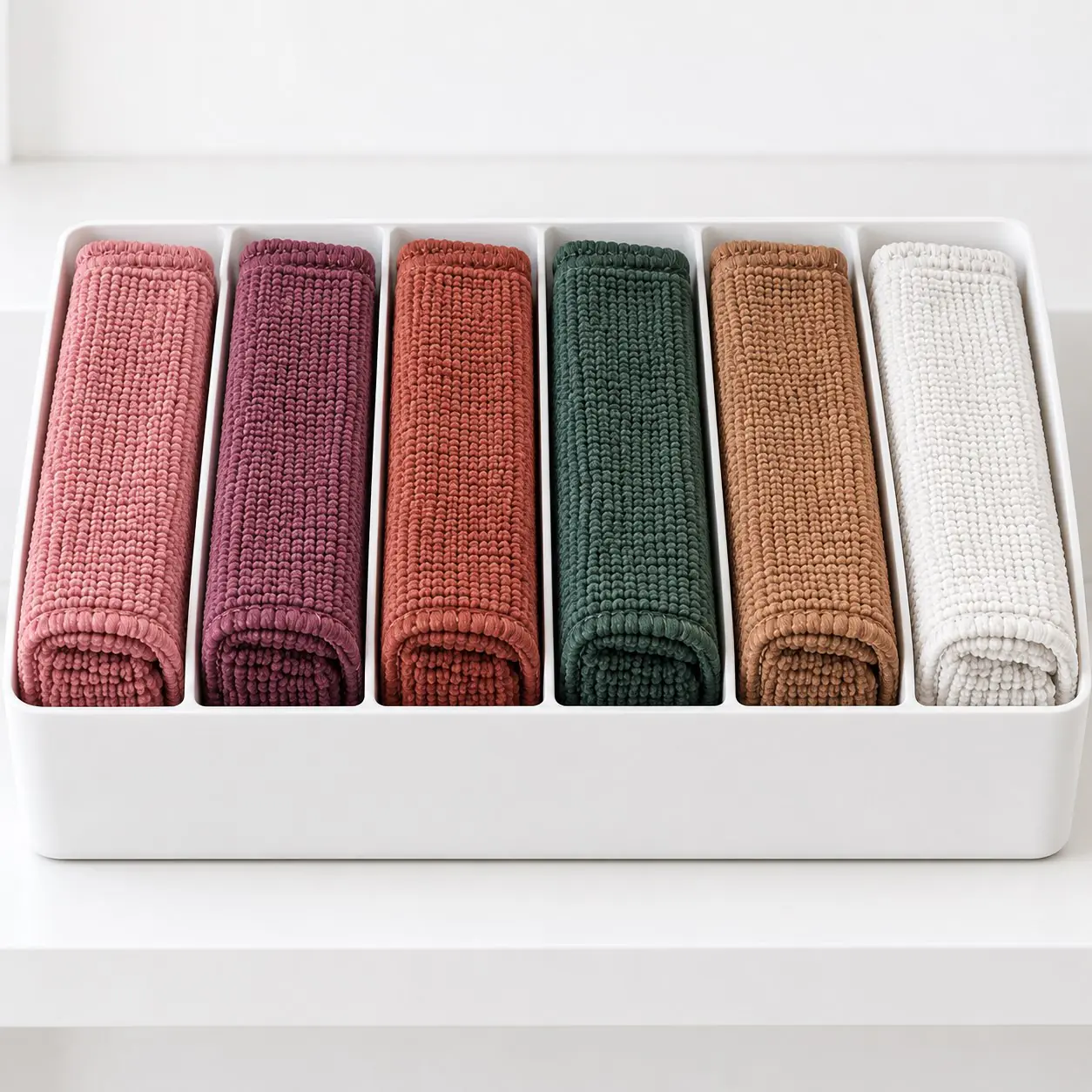 yj-404-03-color-organizer.jpg Six microfiber cleaning cloth color concepts displayed in separate organizer compartments