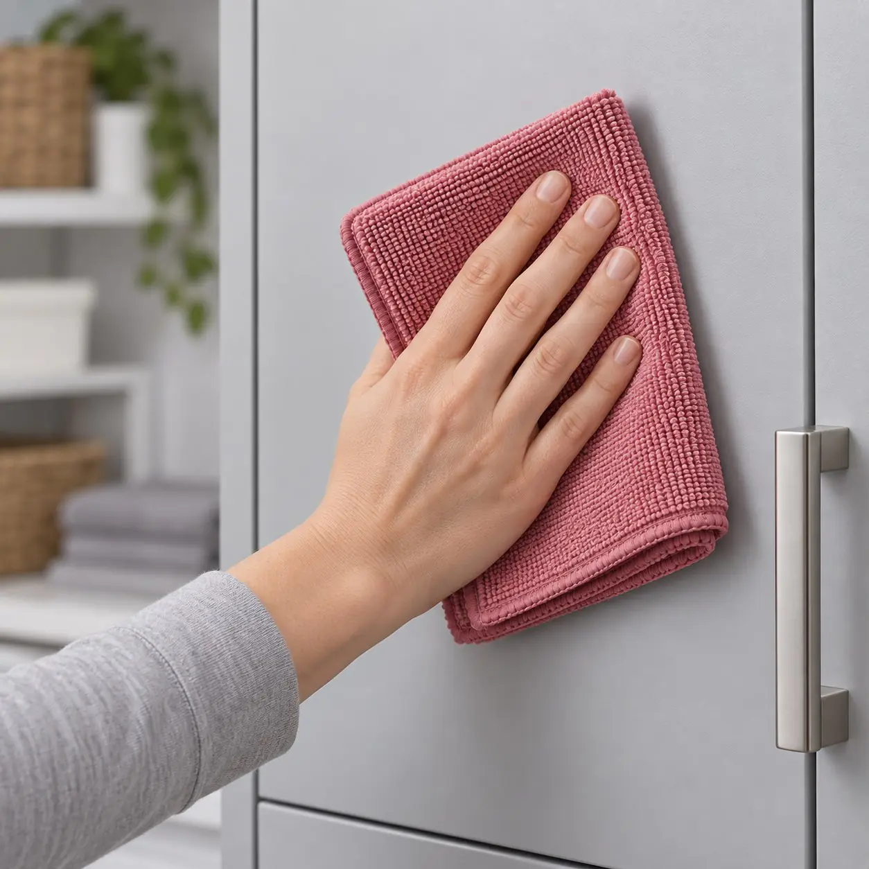 yj-404-04-cleaning-scene.jpg Hand wiping a cabinet door with a dusty rose microfiber cleaning cloth