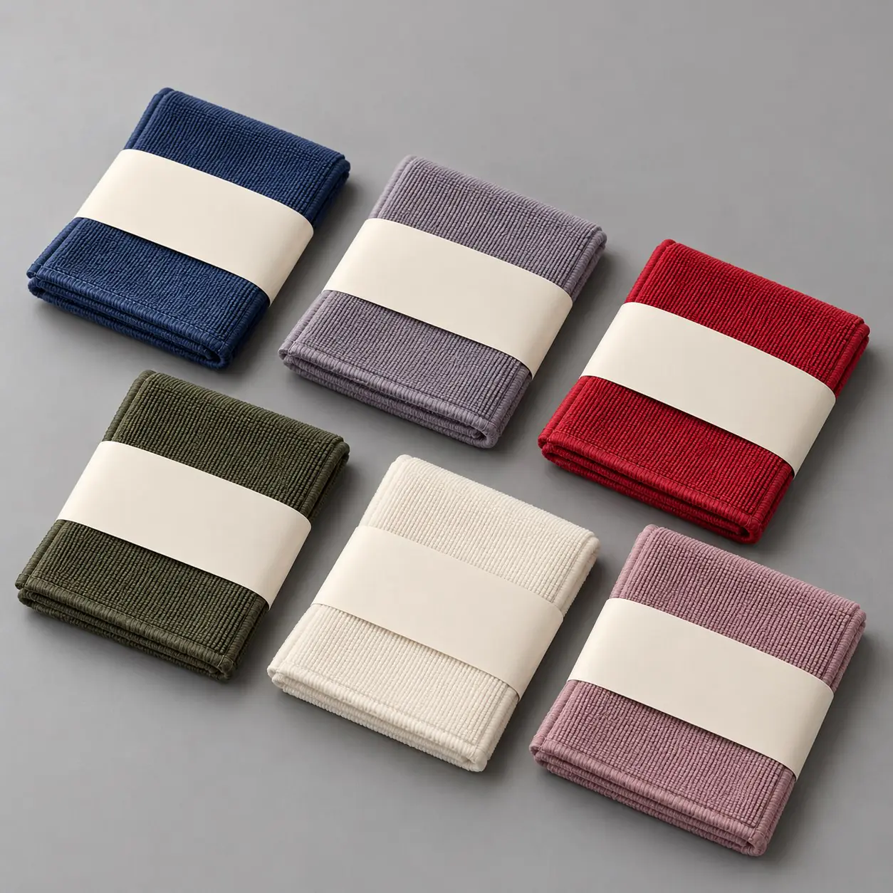 Six microfiber cleaning cloth colors presented with blank paper sleeve concepts