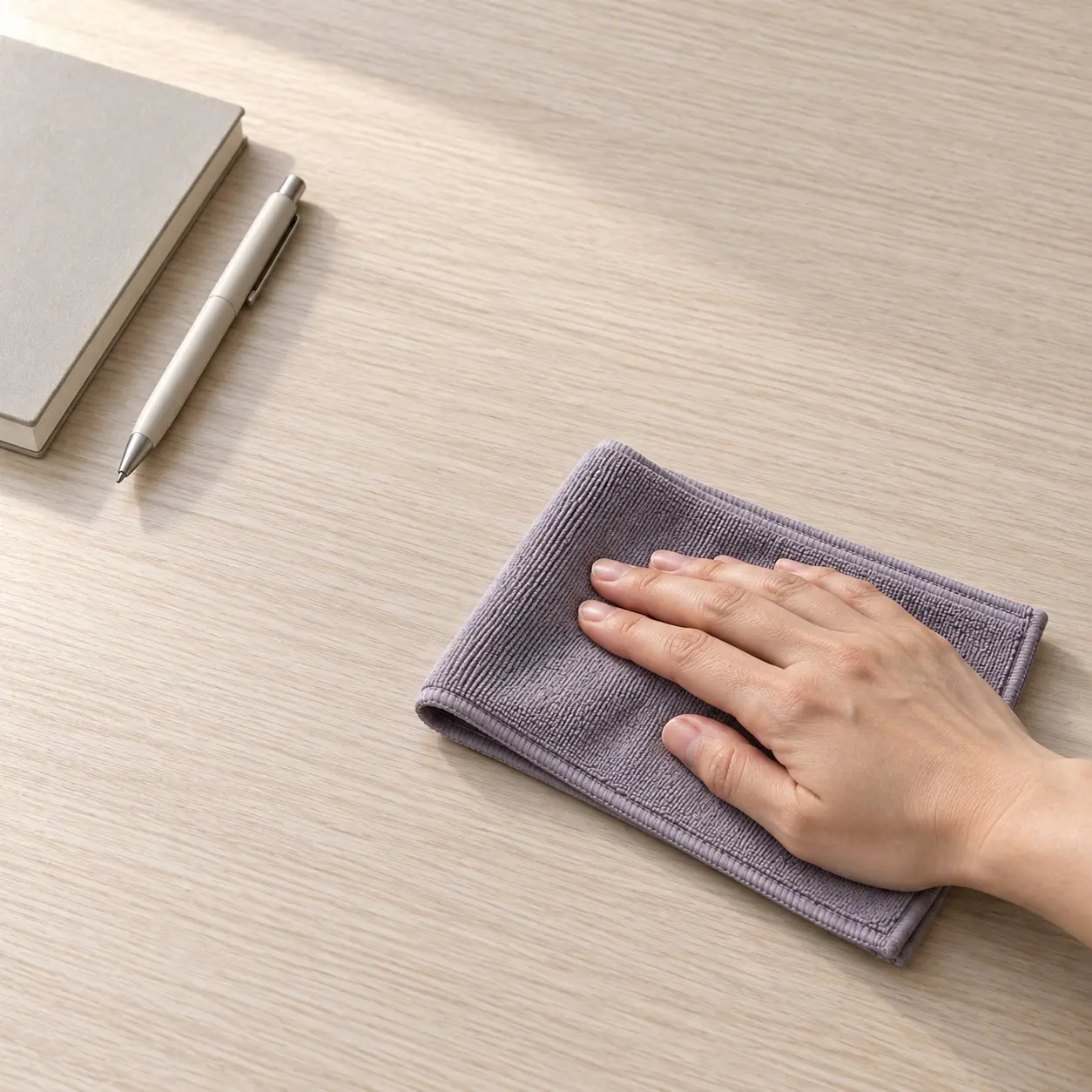 Hand wiping a light desktop with a folded gray microfiber cleaning cloth