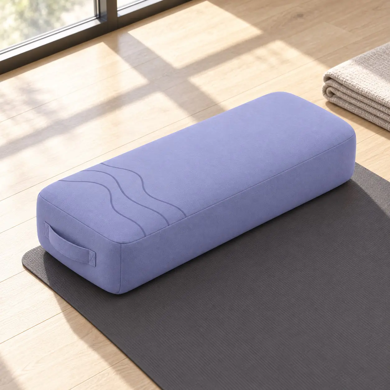 yj-602-04-yoga-studio.jpg Lavender yoga bolster displayed on a mat in a quiet sunlit studio