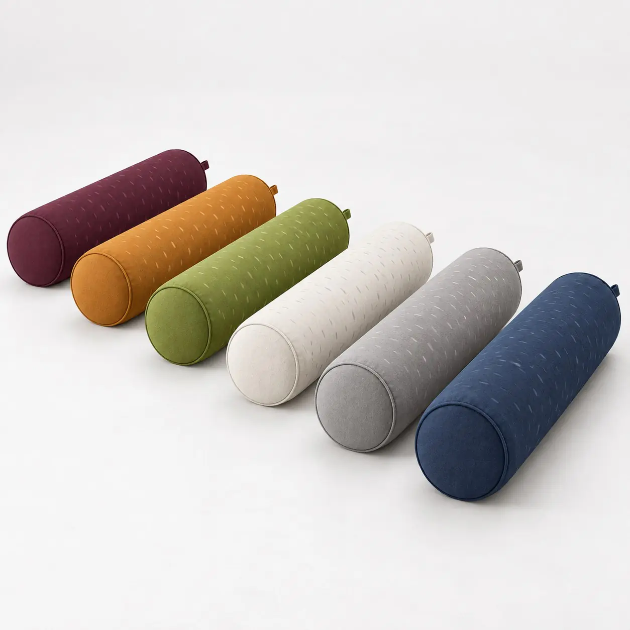 yj-603-03-color-collection.jpg Six cylindrical yoga bolster color concepts displayed horizontally