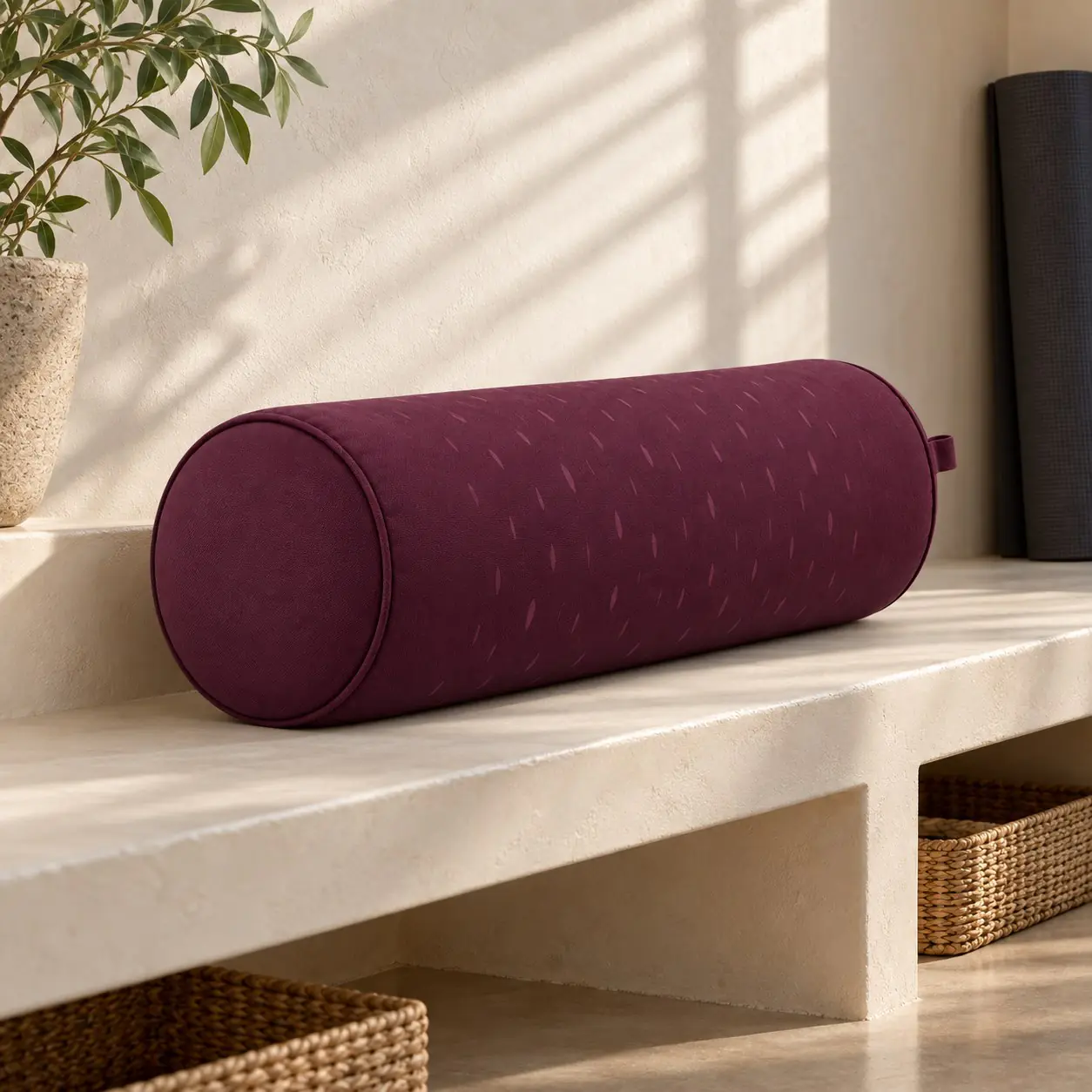 yj-603-04-studio-nook.jpg Plum round yoga bolster on a bench in a quiet yoga studio nook