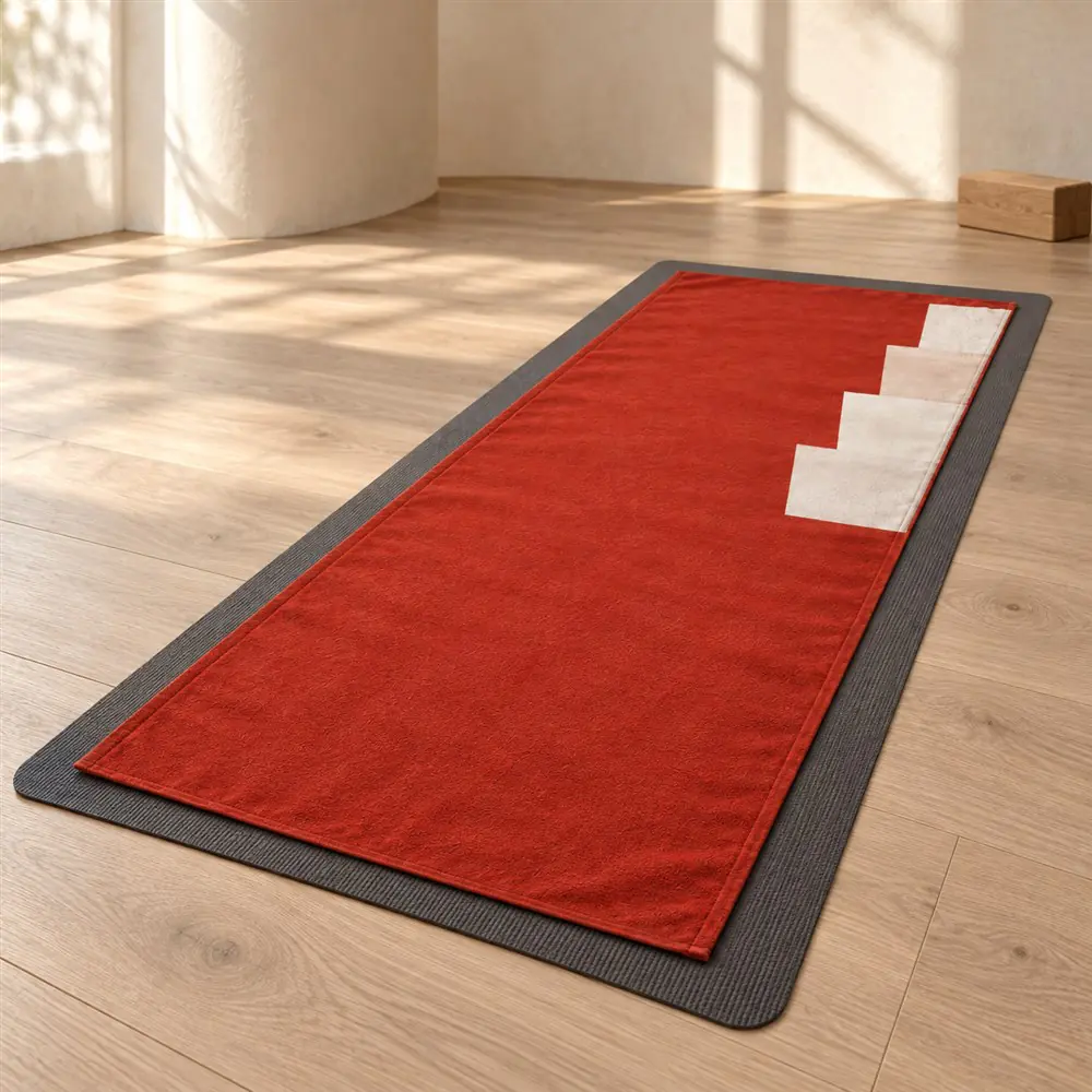 YJ-111 studio use concept YJ-111 geometric-print towel placed over a yoga mat in a studio