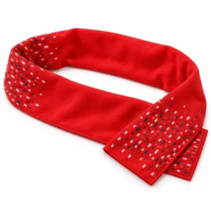 Red microfiber sport towel arranged in an open oval with geometric dash and dot accents on white