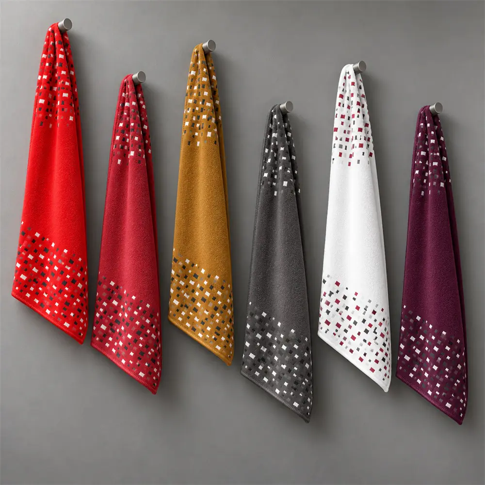 YJ-206 six-color collection Six geometric sport towels displayed in red berry bronze gray white and wine colors