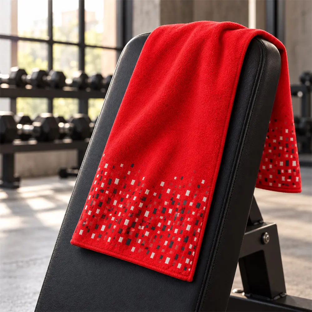 YJ-206 training studio scene Red geometric microfiber sport towel draped over a black workout bench