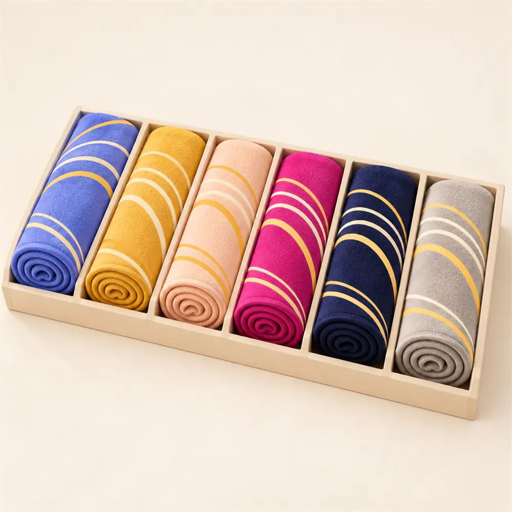 YJ-207 six-color collection Six rolled contour-print sport towels in periwinkle yellow peach fuchsia indigo and light gray