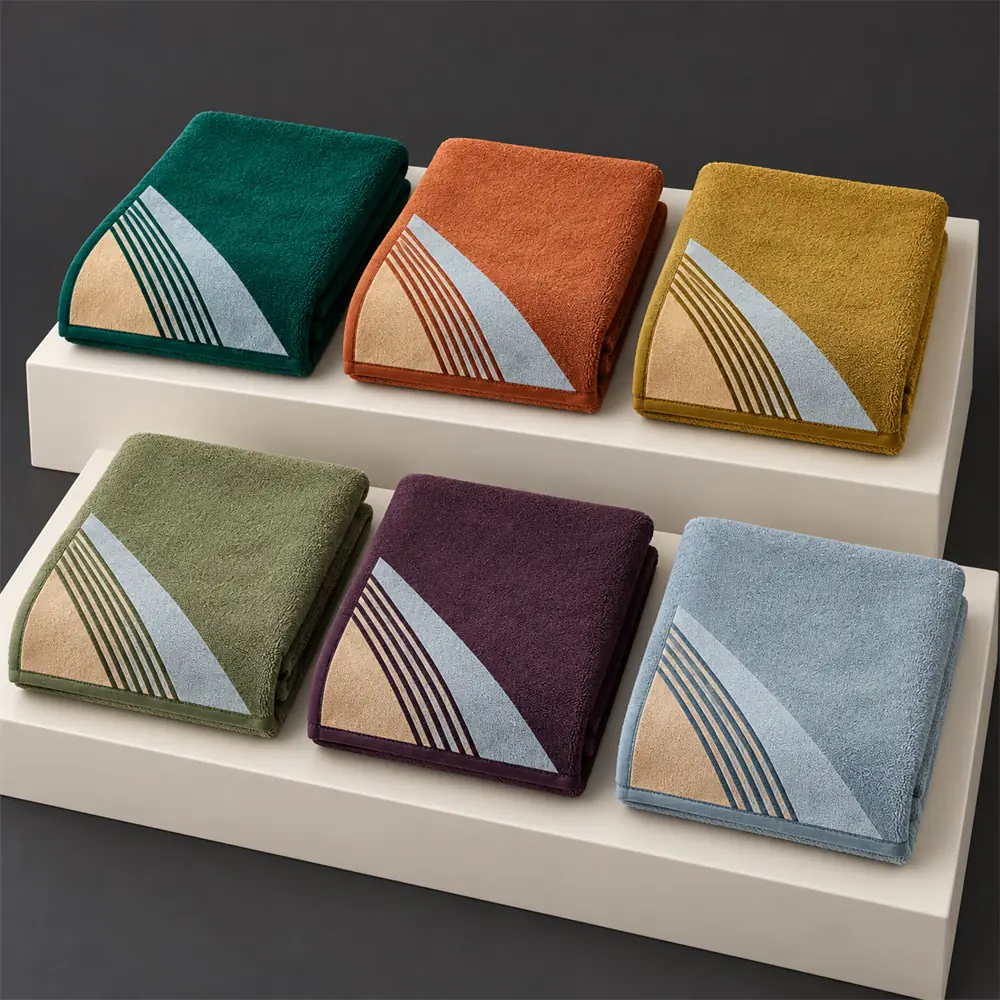 YJ-208 six-color collection Six folded geometric sport towels in green orange mustard fern plum and blue-gray