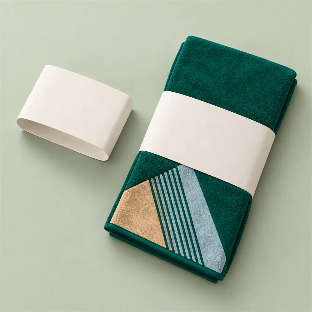 YJ-208 paper-band packing concept Folded emerald geometric sport towel with an unprinted paper belly band