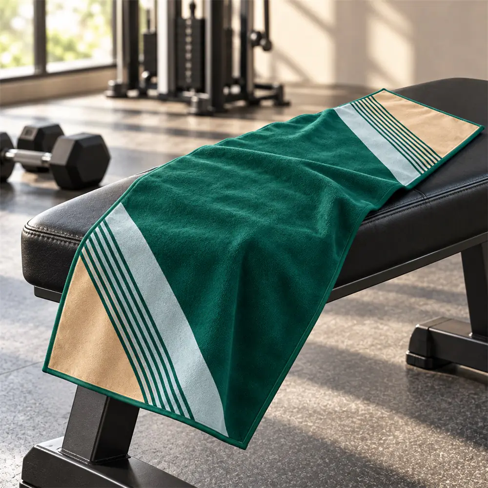 YJ-208 gym towel concept Emerald geometric sport towel draped over a black gym bench beside exercise equipment