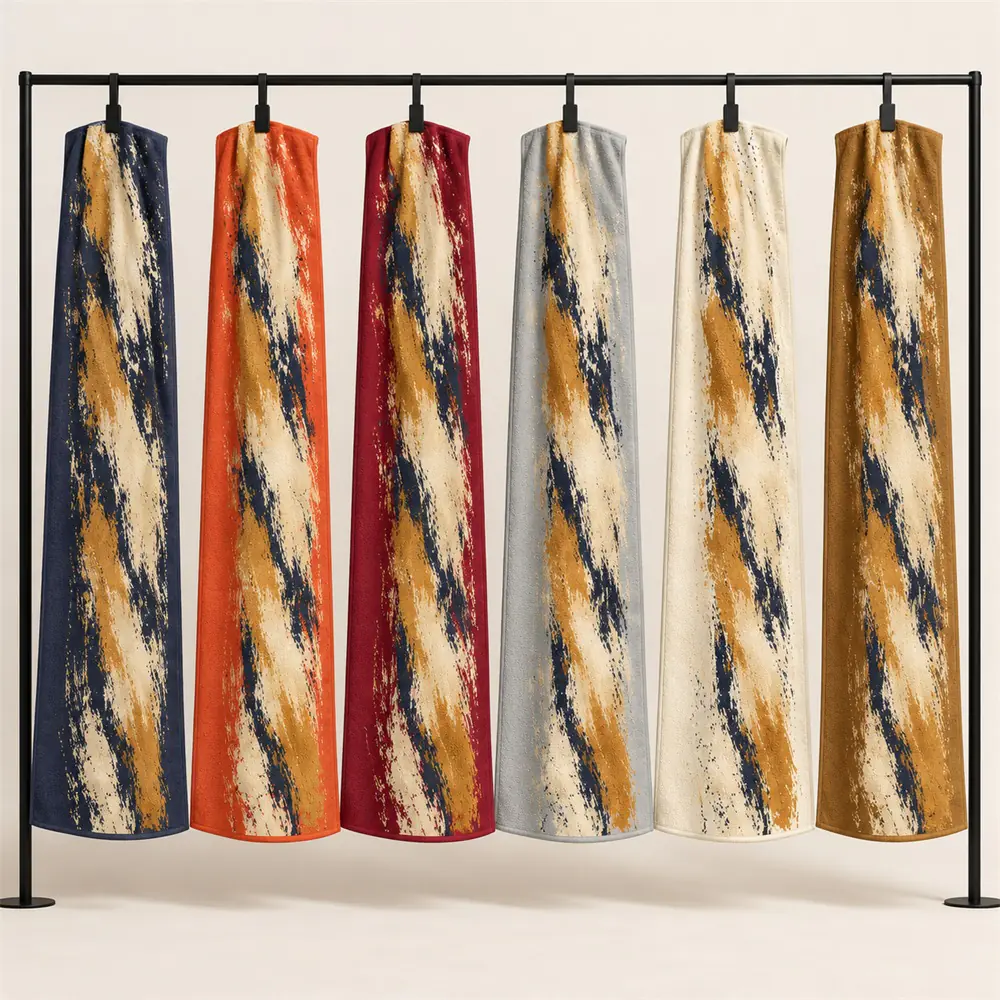 YJ-209 six-color collection Six hanging brushstroke sport towels in navy orange red gray warm white and brown