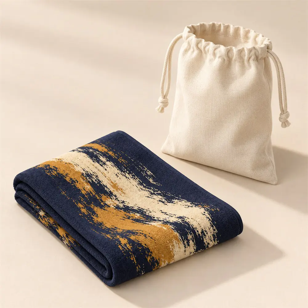YJ-209 fabric pouch concept Folded navy brushstroke sport towel beside a plain fabric drawstring pouch