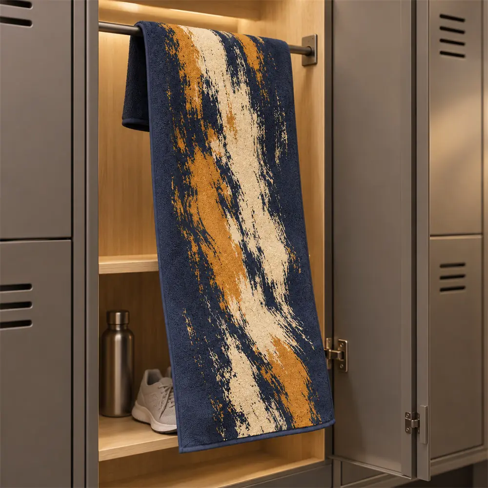 YJ-209 locker-room towel concept Navy brushstroke sport towel hanging from an open gym locker