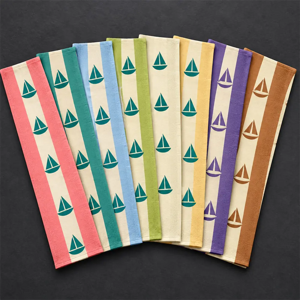 YJ-307 eight-color design fan Eight proposed YJ-307 striped sailboat fabric colorways arranged as an overlapping fan