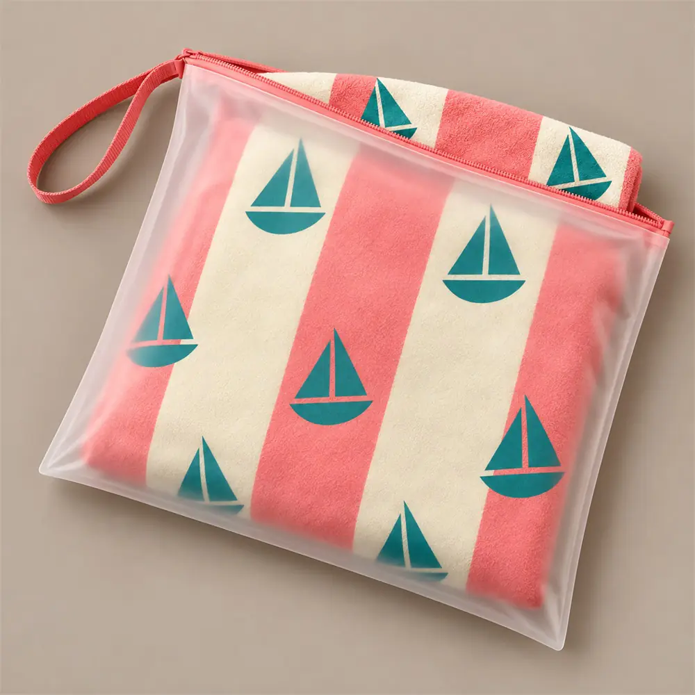 YJ-307 custom pouch concept YJ-307 striped beach towel folded inside a translucent zippered pouch with a wrist loop