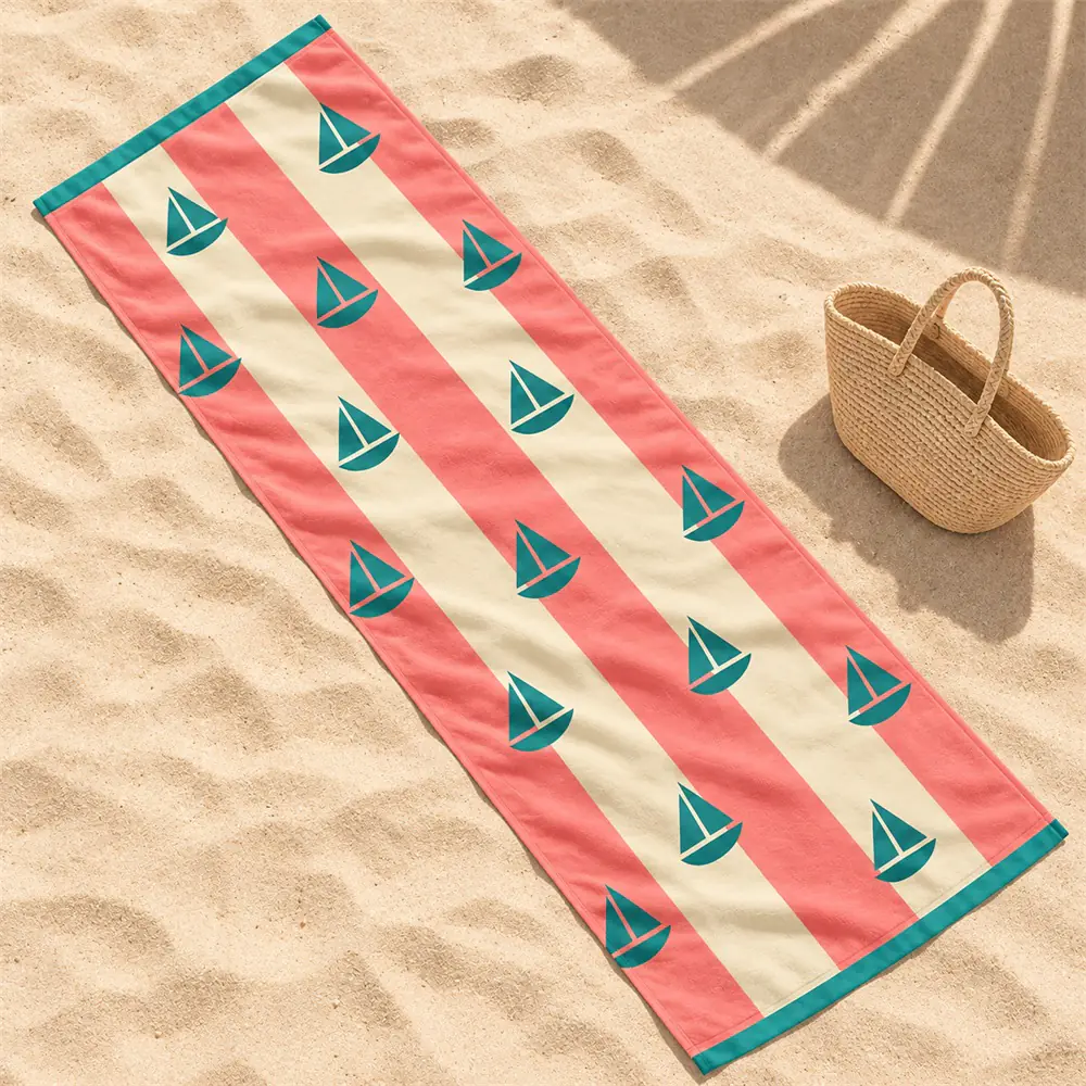 YJ-307 beach sand scene YJ-307 coral striped sailboat towel concept on pale sand beside an unbranded woven bag