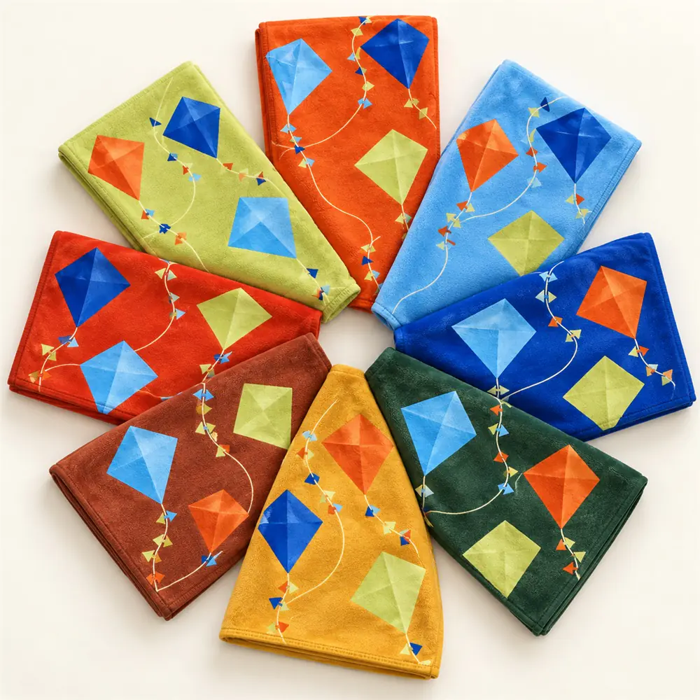 YJ-310 eight-color collection Eight folded kite-print towels arranged in a fan in orange blue green mustard brown red and pale yellow-green